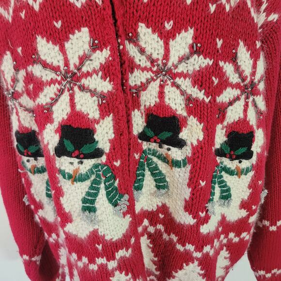 Croft & Barrow Size L Vintage Red Ugly Christmas Full Zip Cardigan Snowmen - Picture 2 of 10